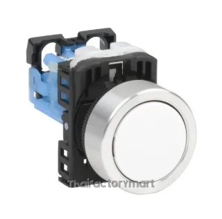 Fuji Electric pushbutton, 22 mm, momentary, 1 N.O. contact(s), plastic base, metal bezel, Operator: white, flush, 30 mm, round, plastic.