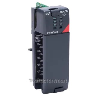 DirectLOGIC DL205 analog output module, 8-channel, voltage, 12-bit, output voltage signal range(s) of 0-5 VDC and 0-10 VDC, external 24 VDC required.