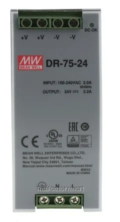 Mean Well DR-75-24, DIN Rail Power Supply, 80%, 24V, 3.2A, 76.8W, Adjustable