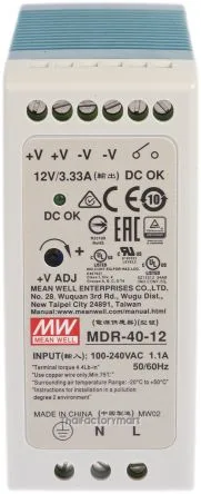 MDR-40-12, DIN Rail Power Supply, 86%, 12V, 3.33A, 40W, Adjustable
