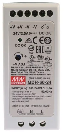 60W/2.5A DIN-Rail 24V VDC power supply with universal 85 to 264 VAC input: -20~70â„ƒ