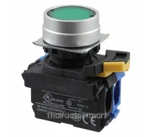 Pushbutton A22NL ?22, bezel brushed metal, FLAT, MOMENTARY, CAP COLOR Transparent GREEN, LED GREEN, 1NO, 24 VDC