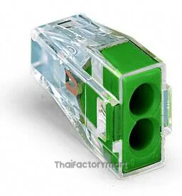 PUSH WIRE® connector for junction boxes; for solid and stranded conductors; max. 2.5 mm²; 2-conductor; transparent housing; green cover; Surrounding air temperature: max 60°C; 2,50 mm²; multicoloured