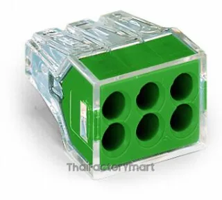 PUSH WIRE® connector for junction boxes; for solid and stranded conductors; max. 2.5 mm²; 6-conductor; transparent housing; green cover; Surrounding air temperature: max 60°C; 2,50 mm²; multicoloured